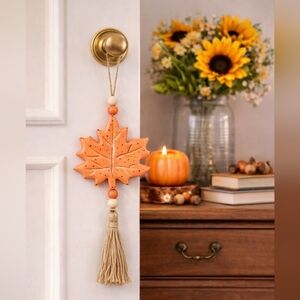 Hand Painted Autumn Leaf Door Hanger Orange Decor Farmhouse Wall Hanging Rustic